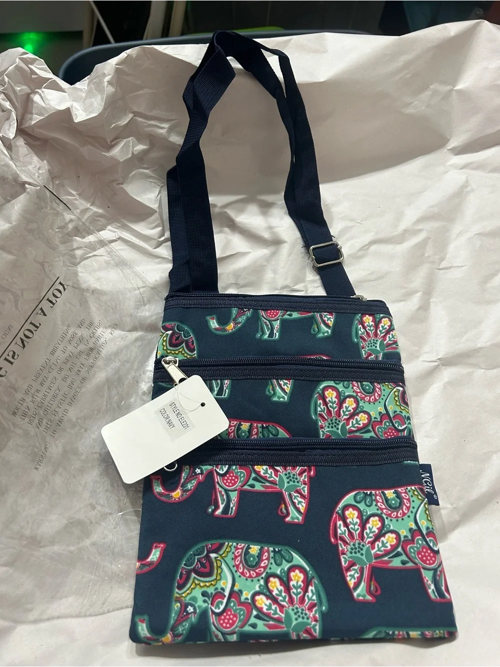 Navy Elephant Print Triple Zip Women’s crossbody